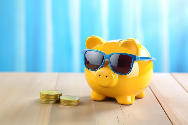 Piggybank avec des lunettes de soleil sur un fond en bois