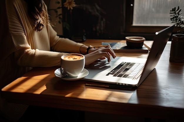 Pigiste en économie de gig travaillant à domicile avec un ordinateur portable et un café créé avec une IA générative