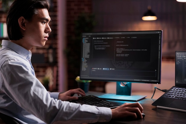 Pigiste masculin développant un logiciel d'application sur ordinateur, travaillant avec un programme de code binaire pour créer un serveur de sécurité pare-feu. Programmation du code d'application avec le cloud computing sur une interface de haute technologie.