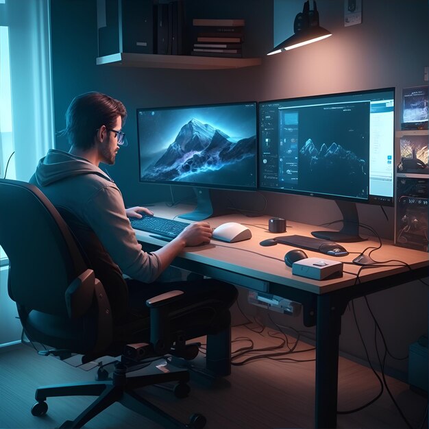 pigiste travaillant son ordinateur dans la chambre sur une chaise et une table