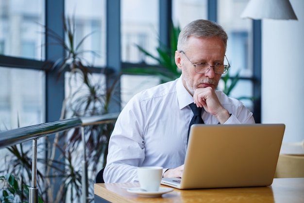 Un pigiste travaille dans un café sur un nouveau projet d'entreprise. Assis à une grande fenêtre à la table. Regarde un écran d'ordinateur portable avec une tasse de café