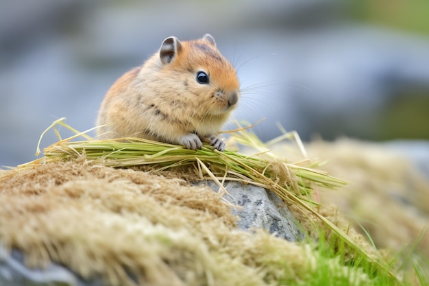 Pika prépare un monticule de foin près d'un ruisseau de montagne