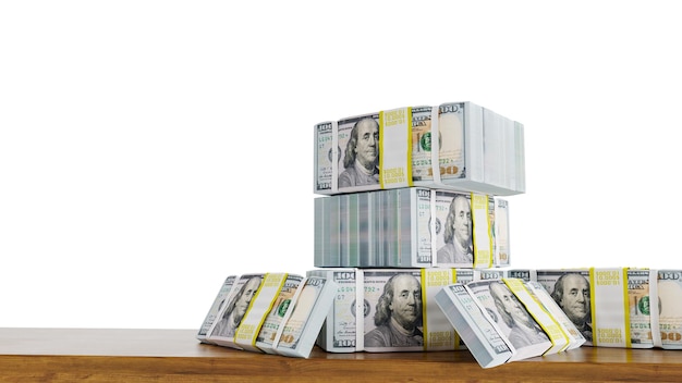 Pile de 100 billets en dollars américains isolés sur fond blanc pile de billets en dollars sur une table en bois rendu 3D