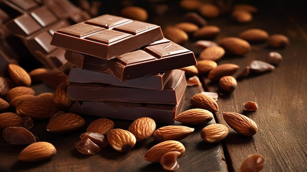 Une pile d'amandes et d'amandes sur une table en bois.