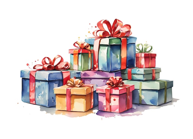 Pile aquarelle de coffrets cadeaux de Noël Cadeaux de Noël clipart festif