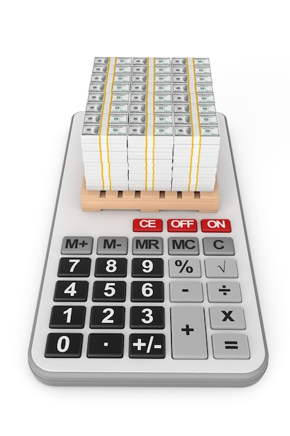 Pile d'argent sur la calculatrice sur un fond blanc. Rendu 3D