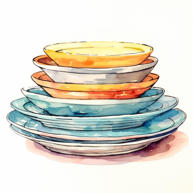 Pile d'assiettes colorées isolées sur fond blanc Illustration vectorielle dessinés à la main