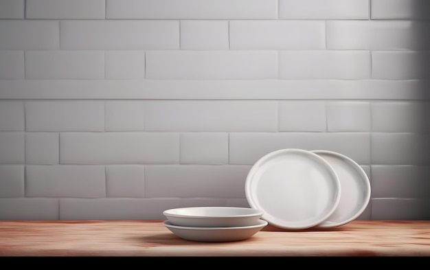 Une pile d'assiettes sur une table avec des carreaux blancs.