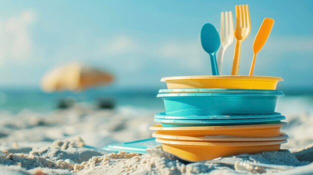 Une pile d'assiettes et d'ustensiles jetables adaptés à la plage prêts à être utilisés lors d'un pique-nique sur le sable