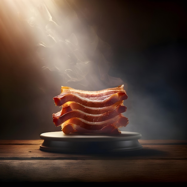 Une pile de bacon sur une assiette avec de la fumée qui en sort.