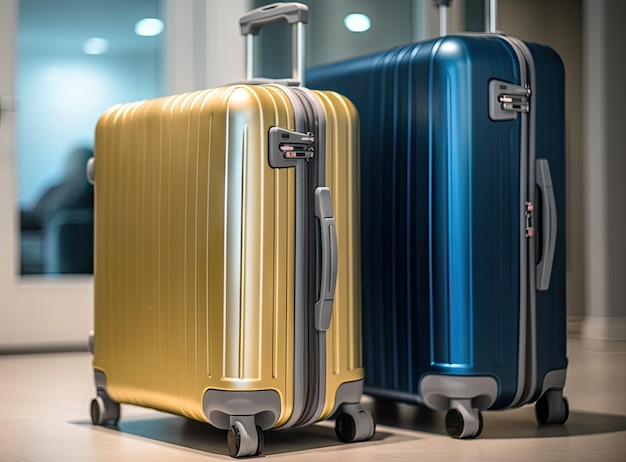 Pile de bagages de voyage dans l'aérogare et avion de passagers survolant la scène urbaine