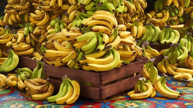 Photo une pile de bananes dans une boîte en bois sur une surface colorée