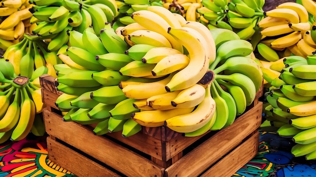 Photo une pile de bananes dans une boîte en bois sur une surface colorée