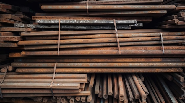 Une pile de barres d'acier est empilée dans un entrepôt.
