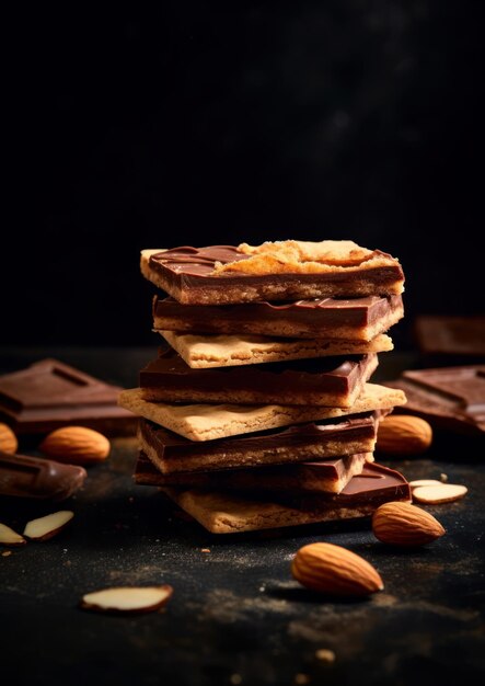 Photo une pile de barres de chocolat avec des amandes sur fond noir