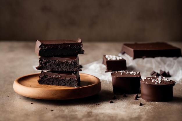 Une pile de barres de fudge au chocolat sur une plaque de bois.