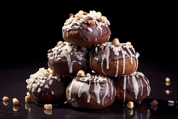 Une pile de beignets au chocolat cuits à la maison avec du glaçage blanc et des boules décoratives