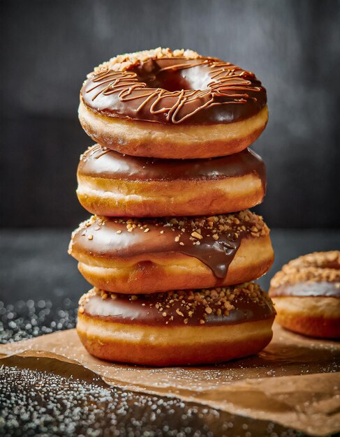 Une pile de beignets au chocolat avec du glaçage sur le fond