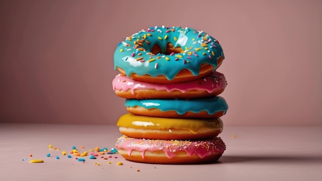 Une pile de beignets colorés sur la table.