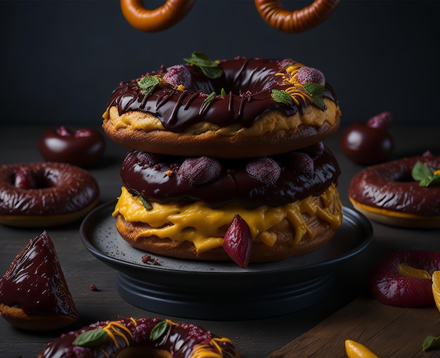 Une pile de beignets avec glaçage au chocolat et une baie rouge sur le dessus.