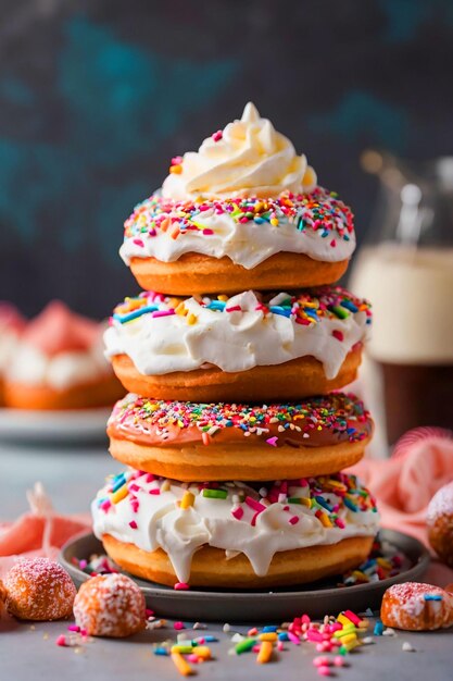 Une pile de beignets surmontés de crème fouettée et de poussées