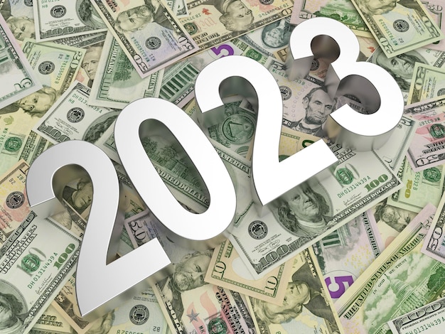 Pile de billets d'un dollar avec numéro de nouvel an en argent