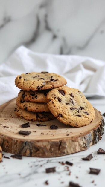 Une pile de biscuits américains avec des morceaux de chocolat sur une planche à couper en bois