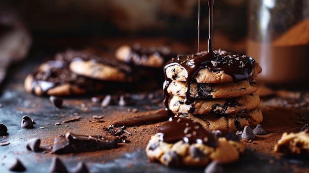 Une pile de biscuits au chocolat avec du chocolat.