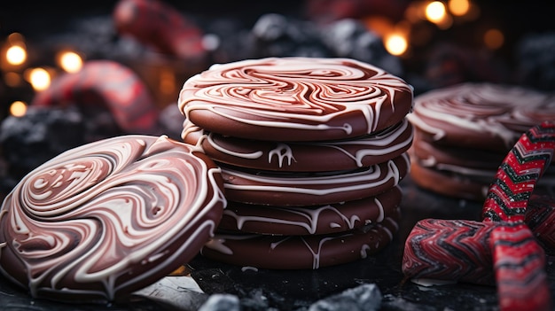 une pile de biscuits au chocolat avec du glaçage blanc