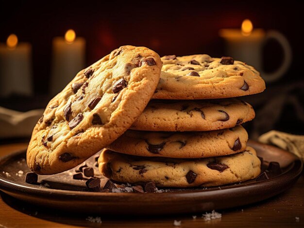 une pile de biscuits au chocolat avec des éclats de chocolat sur l'assiette.