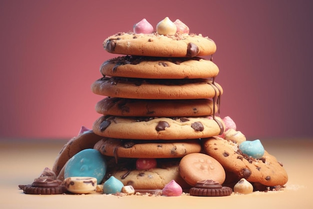 une pile de biscuits au chocolat avec un fond rose