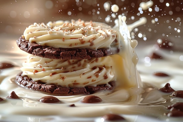 Une pile de biscuits avec de la crème glacée et des chips de chocolat