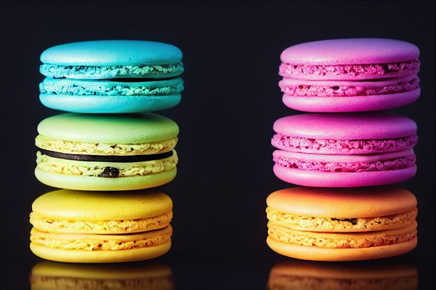 Pile de biscuits macarons français croustillants sur fond noir