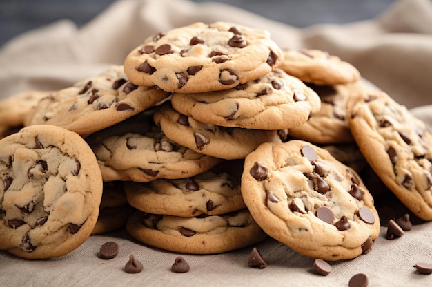 Une pile de biscuits avec des morceaux de chocolat devant un tissu