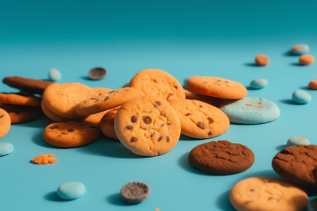 Une pile de biscuits avec des pépites bleues et oranges sur fond bleu.