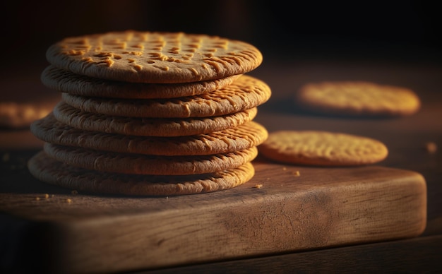 Une pile de biscuits sur une planche de bois. ai généré