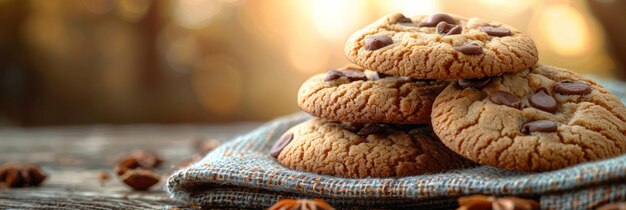 Une pile de biscuits sur un tissu bleu