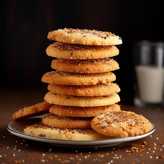 Photo une pile de biscuits avec un verre de lait en arrière-plan.