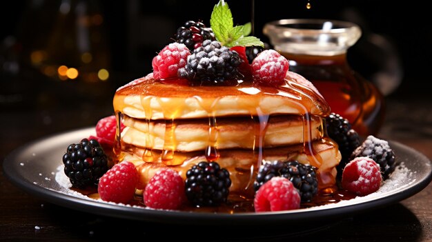 Pile de blinis maison au sirop de miel et petits fruits