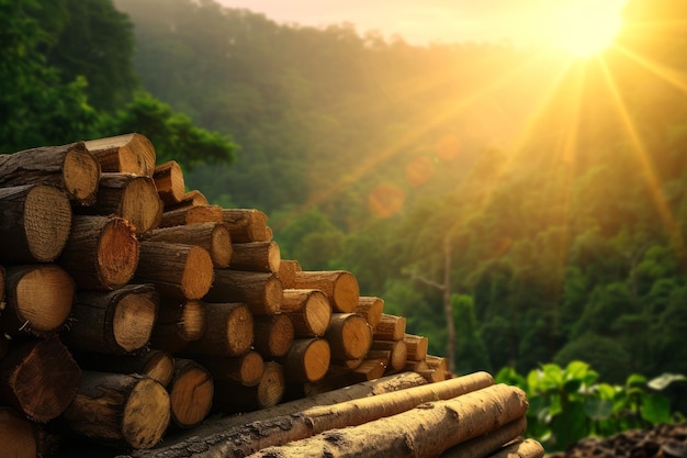 Une pile de bois de chauffage dans la forêt avec le soleil levant en arrière-plan