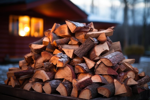 Une pile de bois de chauffage devant une cabane confortable au crépuscule