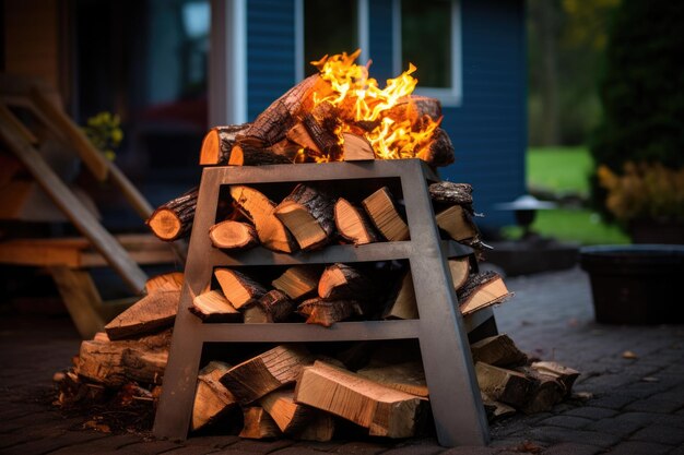 Pile de bois de chauffage et flamme dans la fosse du grill