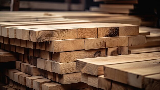 Une pile de bois dans un entrepôt avec les mots bois en bas.