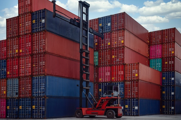 Pile de boîte de conteneur dans le port de transport avec voiture de levage de conteneurs, cette image peut être utilisée pour l'expédition, le conteneur, la livraison et le concept d'entreprise