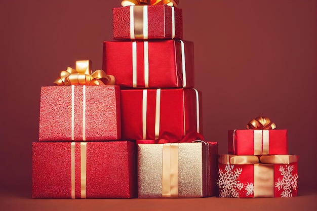 Pile de boîtes-cadeaux de Noël rouge avec des rubans d'or sur fond marron