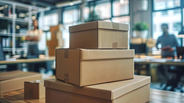 Une pile de boîtes de carton brunes sur la table dans un espace de bureau moderne Vue rapprochée de l'emballage dans un environnement de démarrage Expédition et logistique sur le lieu de travail AI