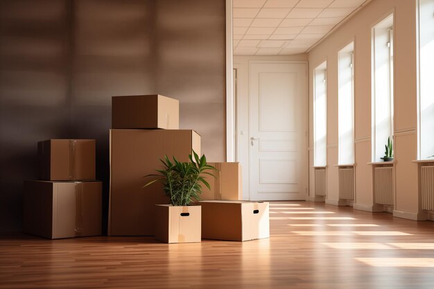Une pile de boîtes en carton avec des objets ménagers sur le sol en bois dans le salon En déménageant dans une nouvelle maison