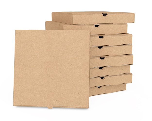 Pile de boîtes à pizza en carton vierge sur fond blanc. Rendu 3D.