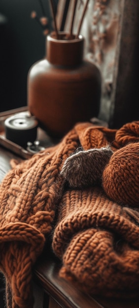 Une pile de bonnets en laine et une paire d'écharpes en laine sont posées sur une table.