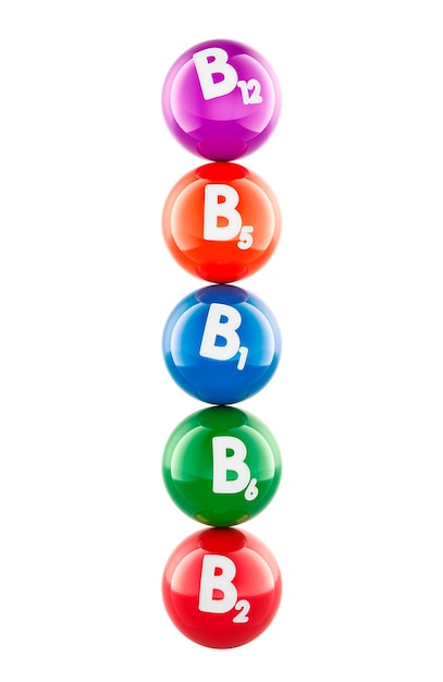 Une pile de boules de vitamine B1 B2 B3 B5 B6 B7 B12 rendu en 3D